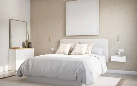 Una serena habitación blanca con cama vestida de blanco, mesitas de noche flotantes y un cuadro minimalista.