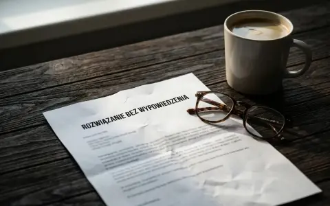 Dokument "Rozwiązanie bez wypowiedzenia" leży obok okularów i kawy. Może to oznaczać zwolnienie dyscyplinarne powody.