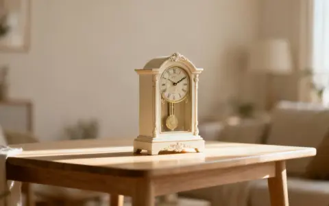 Une belle horloge ancienne, ornée de détails classiques, trône sur une table en bois. Son pendule doré oscille doucement, invitant à une estimation de son charme intemporel.