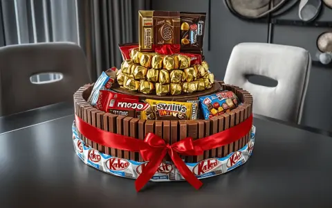 Espectacular tarta de chuches casera, decorada con Kit Kats y chocolates dorados, atada con un lazo rojo.