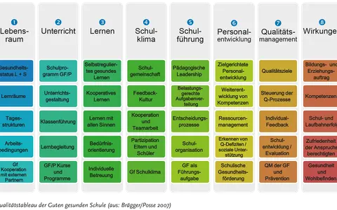 Kennenlernrunde: Ein Tableau zeigt 8 Bereiche einer Schule, von Lebensraum bis Wirkungen, mit Unterpunkten wie Unterrichtsgestaltung und Schulorganisation.
