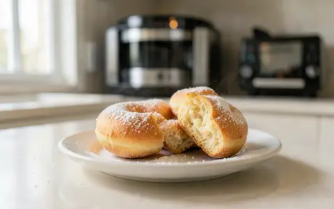 Assiette de pâte à beignets saupoudrée de sucre glace, prête à être dégustée.