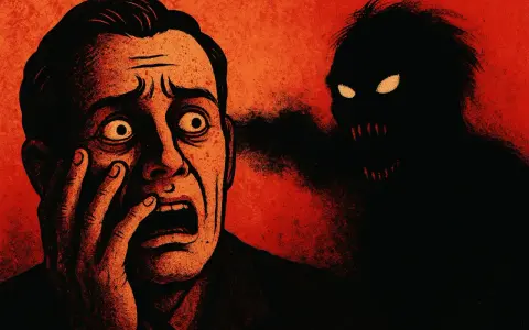 Un uomo terrorizzato con la mano sul volto, mentre un'ombra oscura con occhi luminosi e denti aguzzi emerge da un fumo nero. Un'immagine perfetta per i film horror corti.