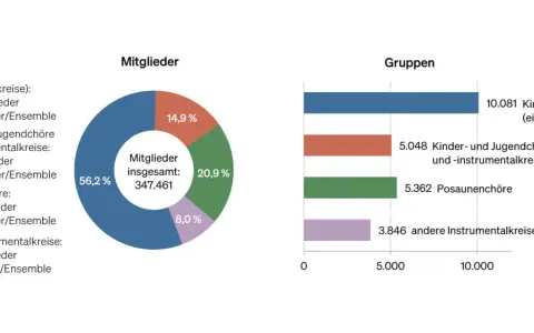 Kirchenmitglieder Statistik: Kreisdiagramm zeigt 347.461 Mitglieder, Balkendiagramm zeigt Gruppen.