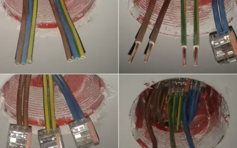 Cztery zbliżenia na instalację elektryczną: przewody w puszce, połączone złączkami.