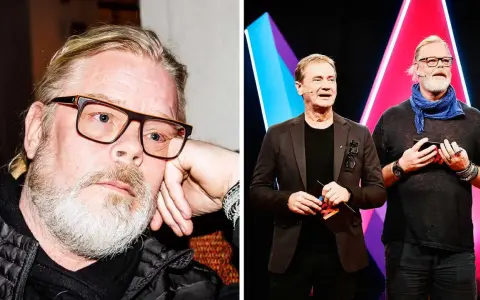 Henric von Zweigbergk, känd för sina uttrycksfulla framträdanden, syns här i två olika sammanhang. Till vänster en närbild med glasögon och skägg, till höger på scen med en kollega.