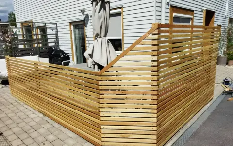 Ett modernt staket i trä som ramar in en uteplats. Perfekt för dig som vill bygga billigt staket och skapa en mysig vrå.