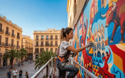Artista crea mural vibrante con toros y bailarinas, un ejemplo de hiperrealismo pintura en plena calle.