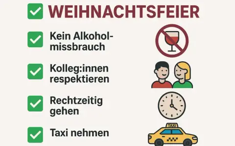 Checkliste für eine Weihnachtsfeier: Kein Alkoholmissbrauch, Respekt, pünktlich gehen, Taxi nehmen. Beachten Sie das Jugendschutzgesetz bei Alkohol auf privaten Feiern.