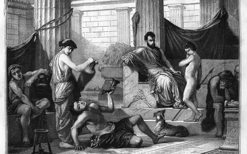 Szene der spartanischen Erziehung: Ein Mann auf einem Thron, umgeben von jungen Männern, die trainieren und lernen.