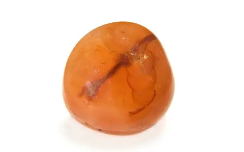 Gładki, pomarańczowy kamień z ciemniejszymi żyłkami na białym tle.