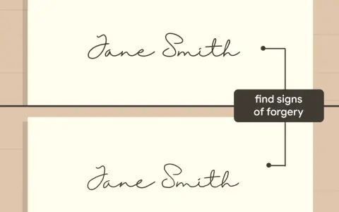 Due firme "Jane Smith" a confronto, con una freccia che indica "trova segni di falsificazione". La grafologia ne svela il significato.