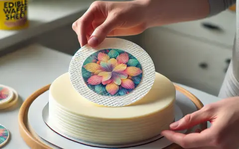 Ręce kładą kolorowy opłatek cukrowy na tort. Dekoracja z kwiatem zachwyca!