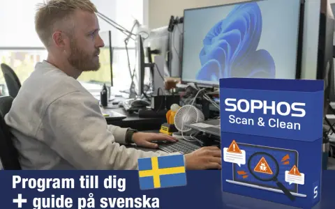 Man arbetar vid datorn med en Sophos Scan & Clean-produkt. Programmet hjälper till att rensa virus från Android och levereras med en svensk guide.