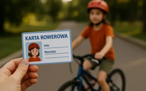 Karta rowerowa od ilu lat? Dziecko w kasku jedzie na rowerze, a ręka trzyma kartę rowerową z rysunkiem dziewczynki.