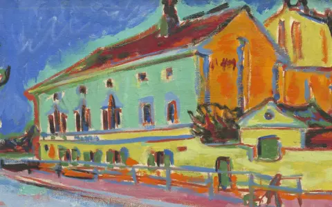 Une maison aux couleurs vives, typique de l'expressionnisme allemand, avec un ciel bleu intense et des touches de rouge, jaune et vert.