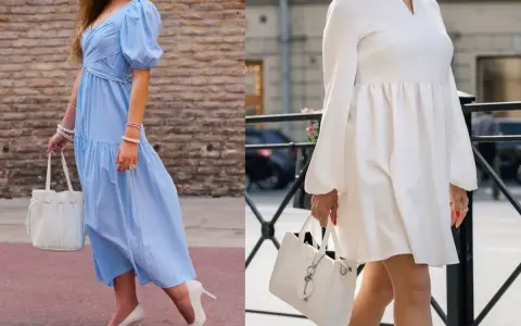 Eleganckie stylizacje na chrzciny: błękitna sukienka z bufkami i biała sukienka z długim rękawem.