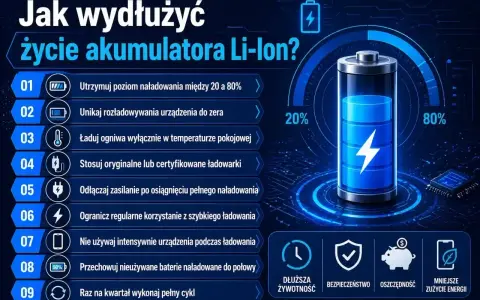 Wskazówki dotyczące ładowania akumulatora Li-Ion: utrzymuj poziom 20-80%, unikaj rozładowania do zera, używaj oryginalnych ładowarek.