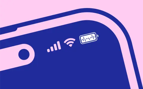 En stiliserad bild av en iPhone 12 med batteriikon som visar en pulserande linje, vilket indikerar låg iphone 12 batteri kapacitet.