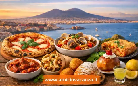 Un banchetto di piatti tipici napoletani: pizza, spaghetti alle vongole, ragù, fritture e dolci, con il Vesuvio sullo sfondo.