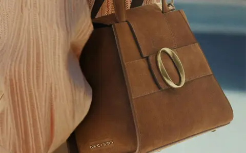 Borsa in camoscio marrone con fibbia dorata. La texture morbida evidenzia la differenza tra camoscio e pelle scamosciata.
