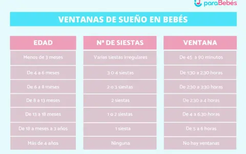 Tabla de ventanas de sueño para bebés. Un bebé de 9 meses, según la tabla, tiene 2 siestas y una ventana de sueño de 2:30 a 4 horas.