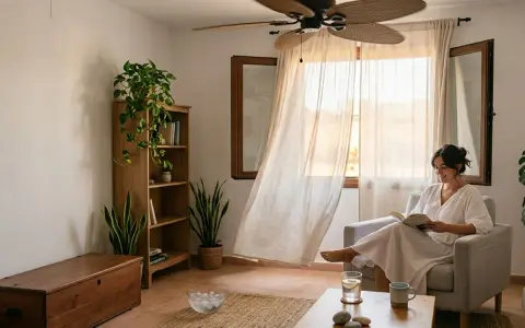 Mujer leyendo en sillón, con ventilador de techo y cortinas movidas por la brisa, una forma natural de como refrescar una habitación.