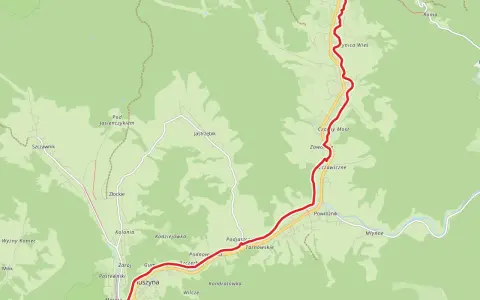 Mapa z zaznaczoną trasą rowerową velo krynica, prowadzącą przez Muszynę, Złockie i okolice Popradzkiego Parku Krajobrazowego.