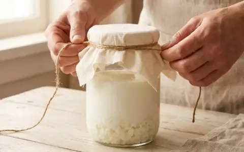 Hände binden ein Tuch mit Schnur um ein Glas mit Kefir-Körnern und Milch. So einfach kann man Kefir selber machen.