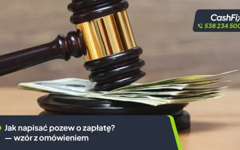Młotek sędziowski na stosie banknotów. Jak napisać pozew o zapłatę w postępowaniu upominawczym? Wzór z omówieniem.