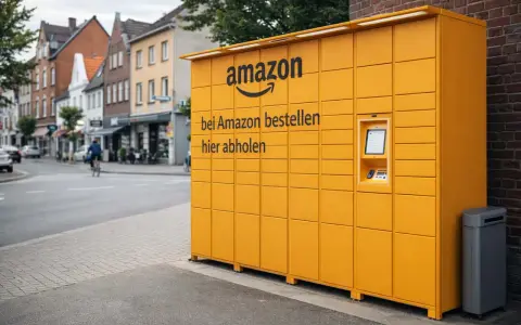 Żółty automat paczkowy Amazon na niemieckiej ulicy. Wygodne odbieranie zamówień z portali ogłoszeniowych Niemcy.