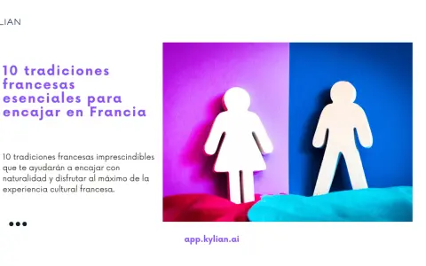 Figuras humanas blancas sobre fondos de colores vibrantes, representando 10 tradiciones francesas para integrarse.