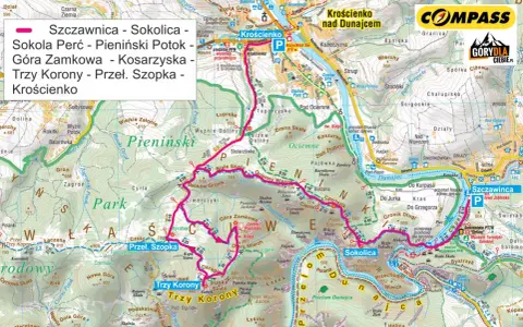 Mapa turystyczna Pienin z zaznaczonymi szlakami, w tym trasą Szczawnica - Trzy Korony.