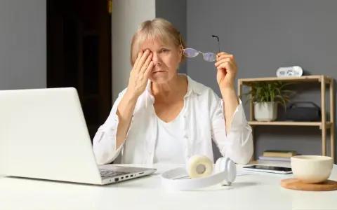 Zmęczona kobieta pociera oko, patrząc na ekran laptopa, który emituje niebieskie światło. Obok leżą okulary i słuchawki.