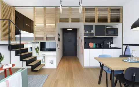 Idée aménagement petit appartement : lit en mezzanine, escalier, cuisine, salle à manger et salon dans un espace optimisé.