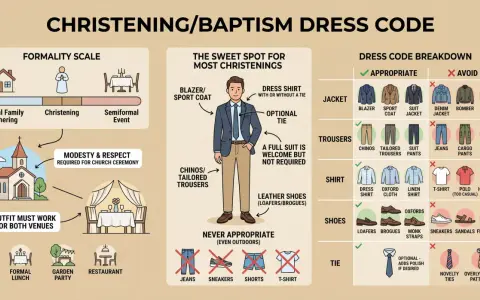 Guide to what to wear to a christening: opt for a blazer, dress shirt, chinos, and leather shoes. Avoid jeans, sneakers, and t-shirts.