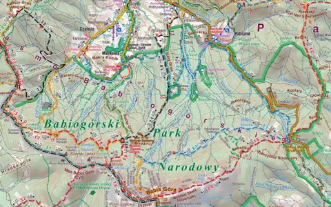 Fragment mapy turystycznej z zaznaczonymi szlakami i nazwami szczytów w Beskidzie Żywieckim, w tym Babia Góra.