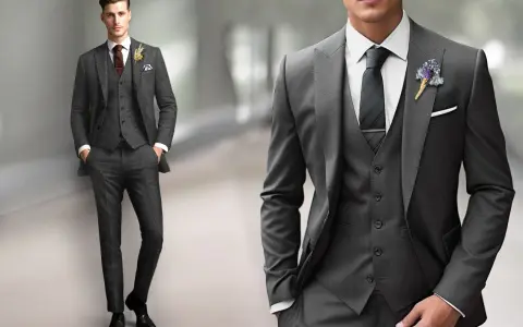 A man models a sharp grey suit with a white dress shirt, dark tie, and boutonnière. Perfect for any formal occasion.