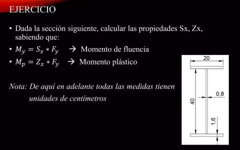 Diagrama de un perfil I con dimensiones. Se calcula el módulo resistente de una sección, necesario para el momento de fluencia y plástico.