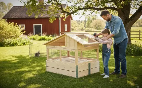 Pappa och dotter bygger en kaninbur utomhus. En kanin sitter i en annan bur i bakgrunden.