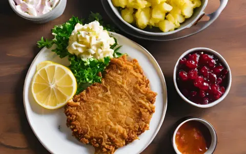 Ein knuspriges Wiener Schnitzel mit Preiselbeeren, Kartoffelsalat und Zitrone auf einem Teller. Daneben eine Schüssel mit Kartoffeln und eine kleine Schale mit Sauce.