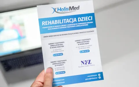 Ulotka "Rehabilitacja Dzieci NFZ" z danymi kontaktowymi gabinetów fizjoterapii.