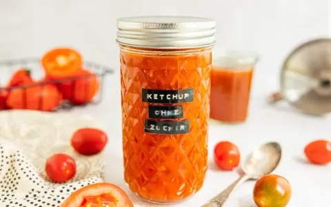 Glas mit selbstgemachtem Ketchup ohne Zucker, umgeben von frischen Tomaten. Ein Löffel liegt daneben.