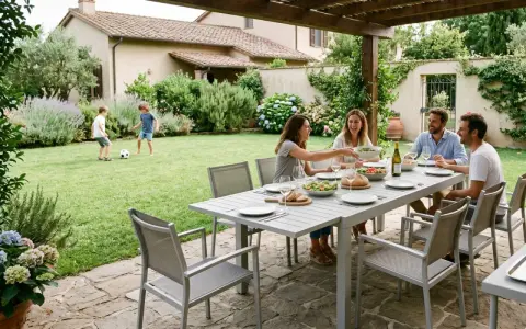 Famiglia che pranza all'aperto, con bambini che giocano a calcio. Perfette idee zona relax giardino per godersi la vita.