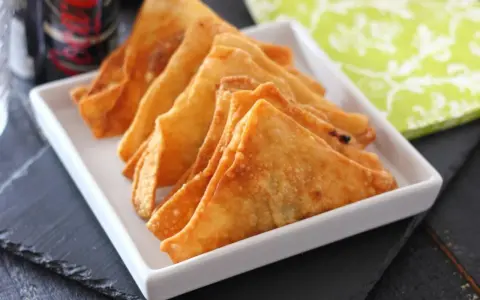Wontons fritos dorados y crujientes en un plato blanco.