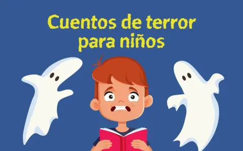 Un niño asustado lee un libro de cuentos de terror para niños, rodeado de fantasmas juguetones.
