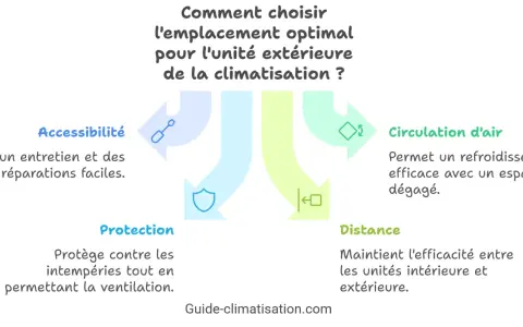 Schéma expliquant où placer unité extérieure climatisation : accessibilité, protection, circulation d'air et distance sont clés.