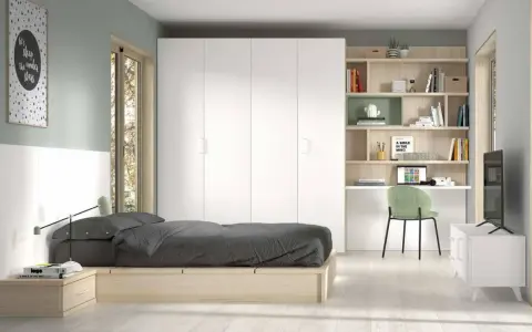 Habitación moderna con cama juvenil 135x190, armario blanco, escritorio y estanterías.