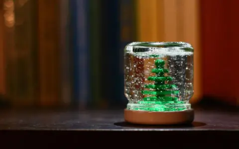 Ein selbstgemachter Schneekugel-Traum: Ein grüner Mini-Tannenbaum in einem Glas mit glitzerndem Schnee, bereit zum Schütteln.