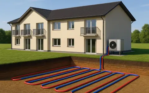 Vue d'une maison avec une installation géothermie. Des tuyaux rouges et bleus serpentent dans le sol, connectés à une unité extérieure.